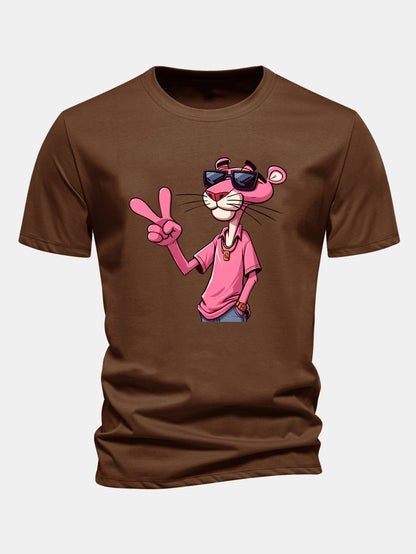 Regular Fit Pink Panther With V Sign Print Cotton T-Shirt