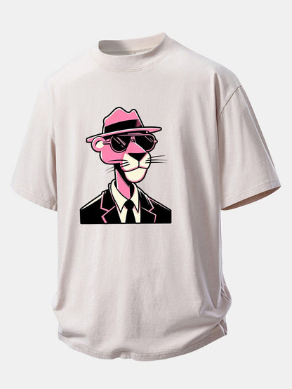 Pink Gentleman Panther Print Washed Distressed Drop Shoulder T-Shirt