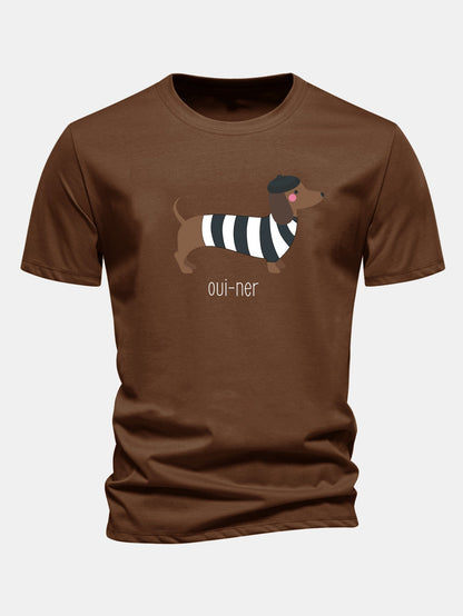 Regular Fit French Dachshund Print Cotton T-Shirt