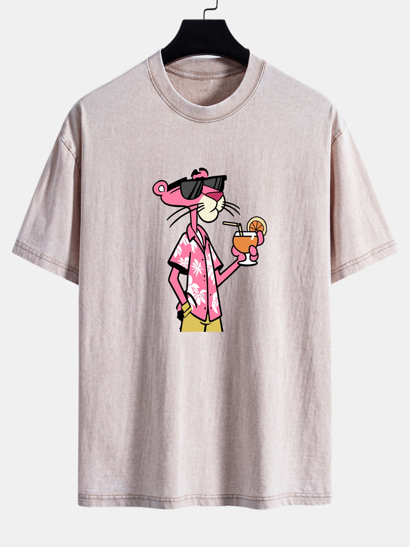 Vacation Pink Panther Print Washed Distressed Drop Shoulder T-Shirt