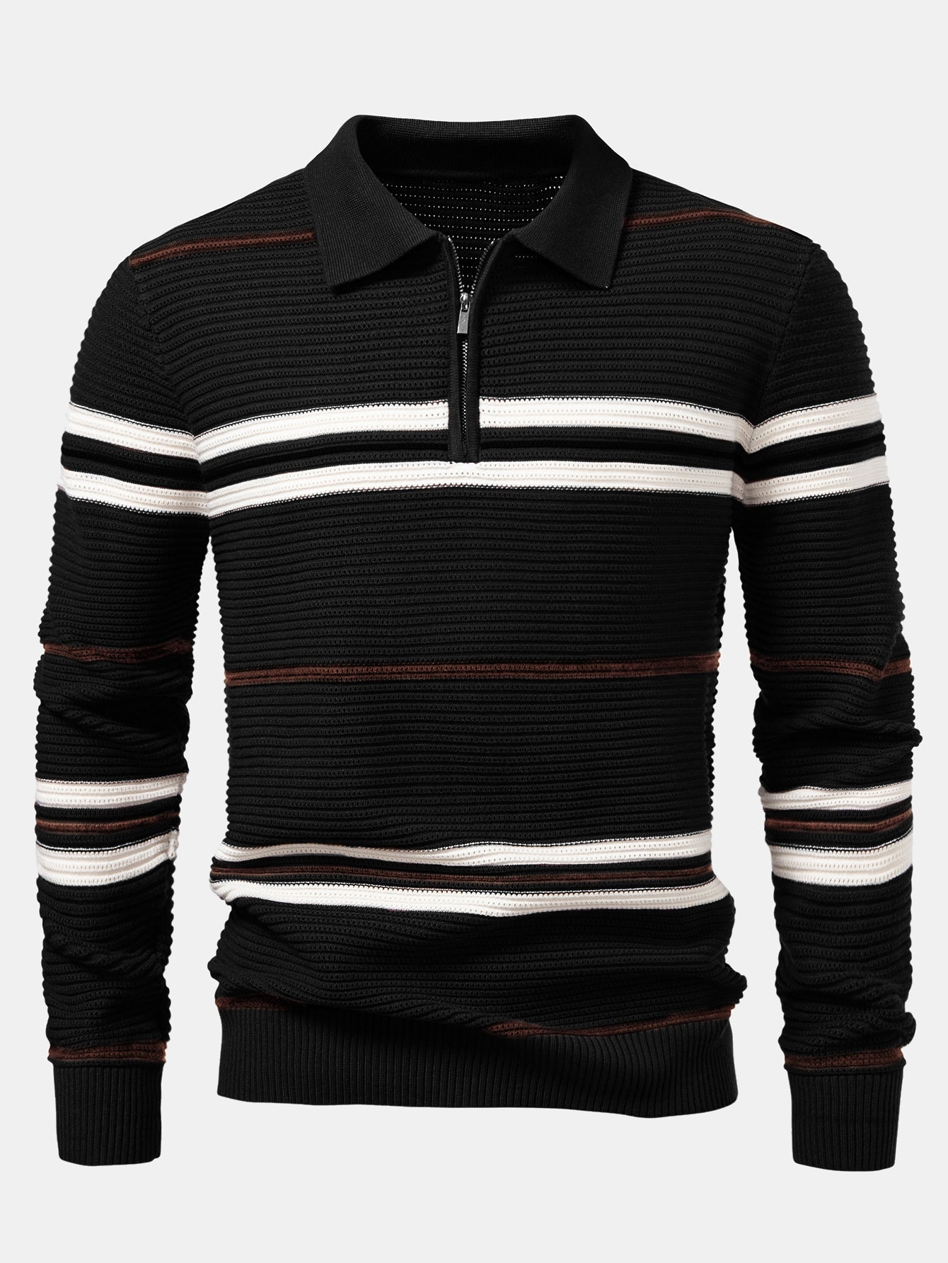 Striped Textured Zip Knit Polo Shirt