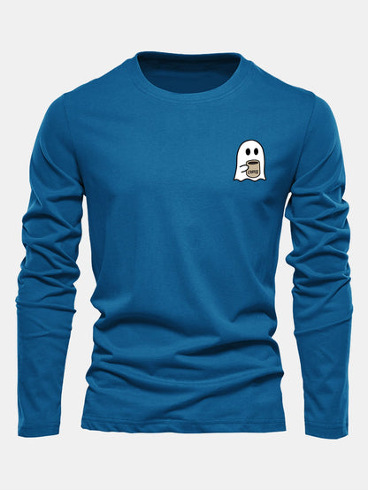 Long Sleeve Ghost Drinking Coffee Print Cotton T-Shirt