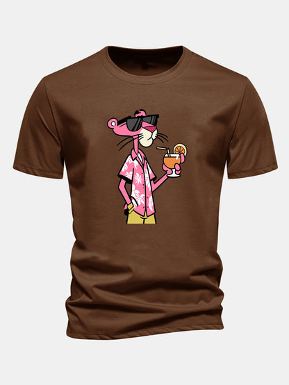 Regular Fit Vacation Pink Panther Print Cotton T-Shirt