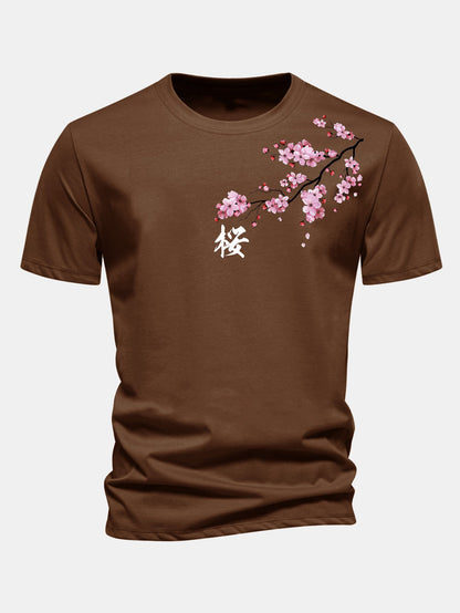 Regular Fit Cherry Blossoms Print Cotton T-Shirt
