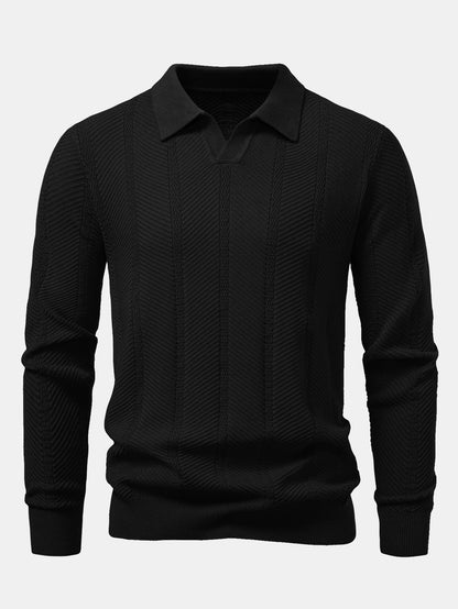 Long Sleeve Stripe V Neck Knit Polo Shirt