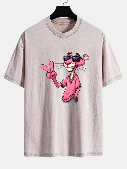 Pink Panther With V Sign Print Washed Distressed Drop Shoulder T-Shirt