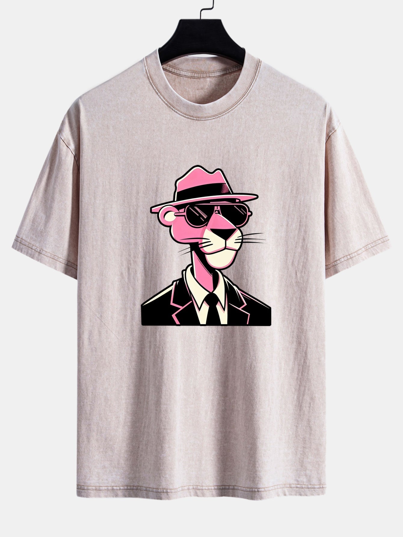 Pink Gentleman Panther Print Washed Distressed Drop Shoulder T-Shirt