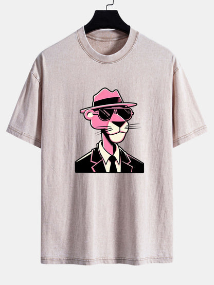 Pink Gentleman Panther Print Washed Distressed Drop Shoulder T-Shirt