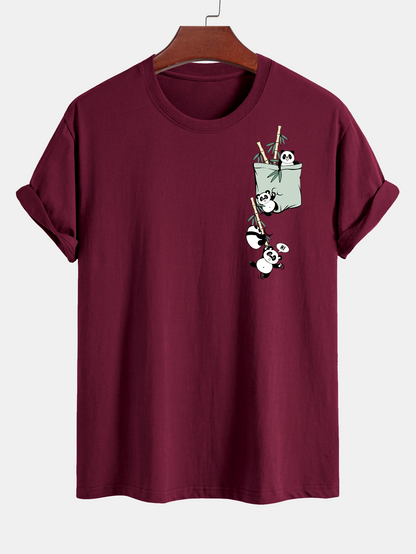 Regular Fit Pocket Panda Print Cotton T-Shirt