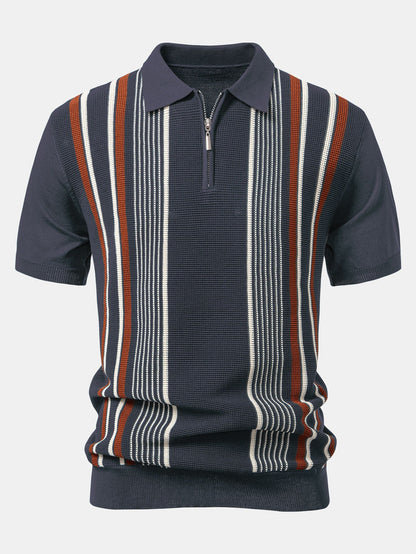 Stripe Knit Zip Up Polo Shirt