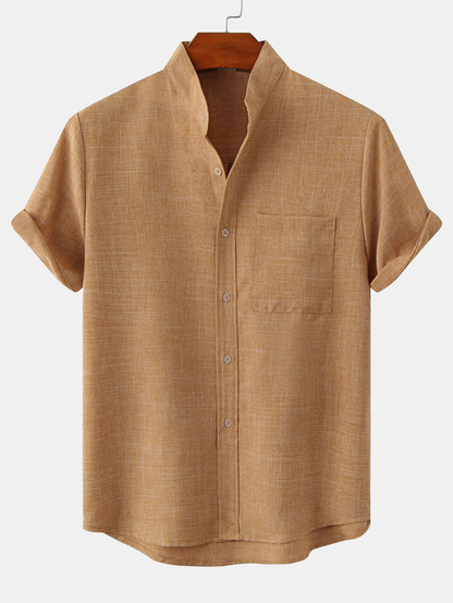 Man Stand Collar Shirt Whit Pocket
