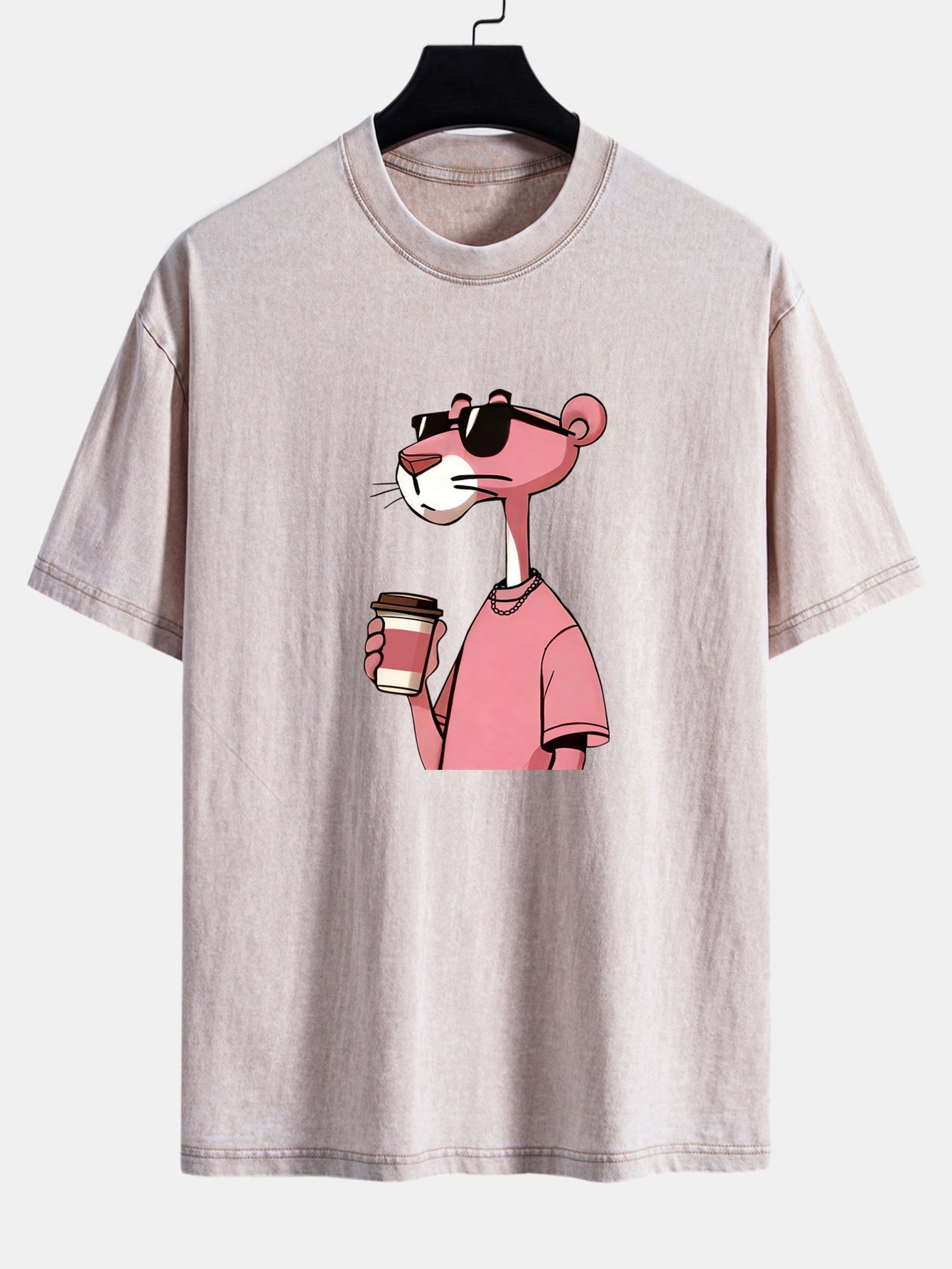 Pink Panther Drinking Coffee Print Washed Distressed Drop Shoulder T-Shirt