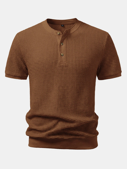 Waffle Textured Ribbed Hem Henley Shirt