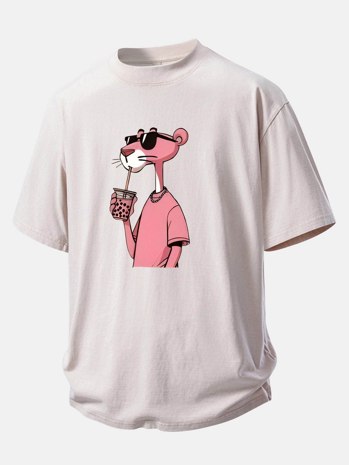 Pink Panther Print Washed Distressed Drop Shoulder T-Shirt