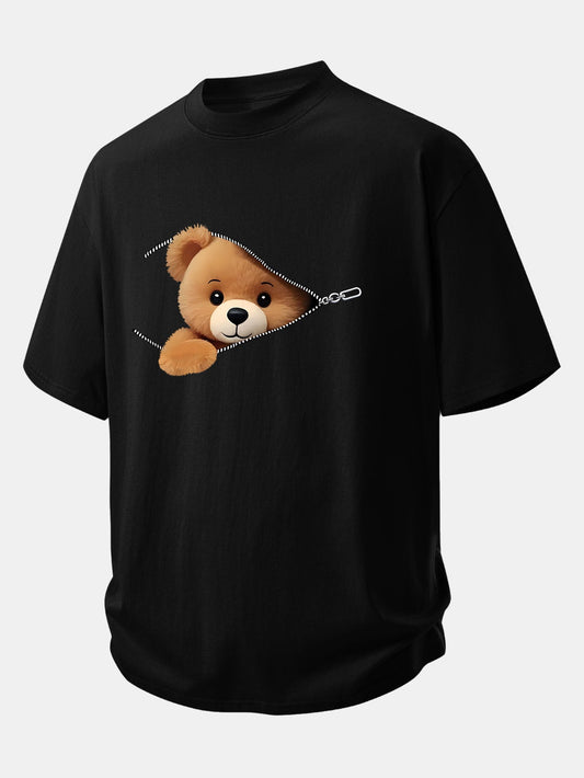 Relax Fit Zipper Bear Print Cotton T-Shirt