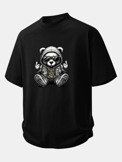 Relax Fit Hip Hop Bear Print Cotton T-Shirt