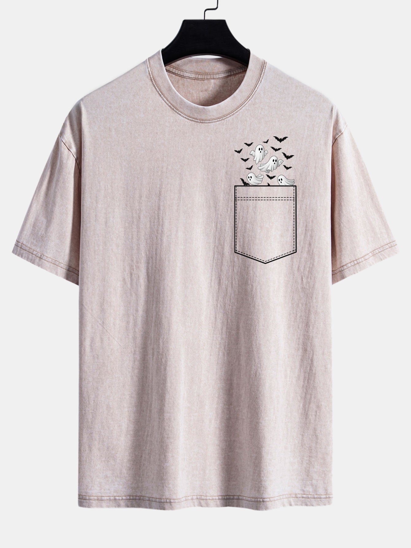Pocket Bat Ghost Print Washed Distressed Drop Shoulder T-Shirt