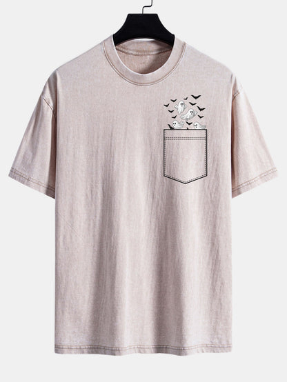 Pocket Bat Ghost Print Washed Distressed Drop Shoulder T-Shirt