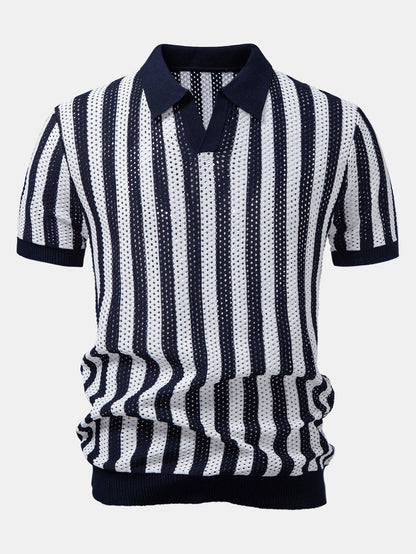 Stripe Johnny Collar Open Knit Polo