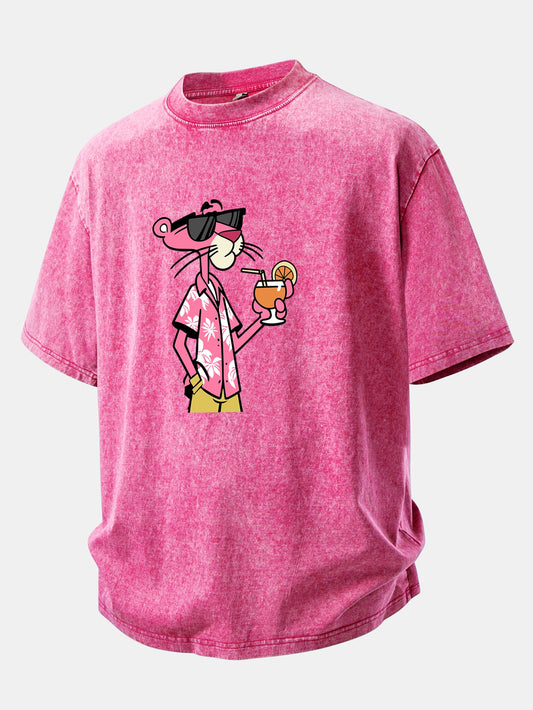 Vacation Pink Panther Print Washed Distressed Drop Shoulder T-Shirt