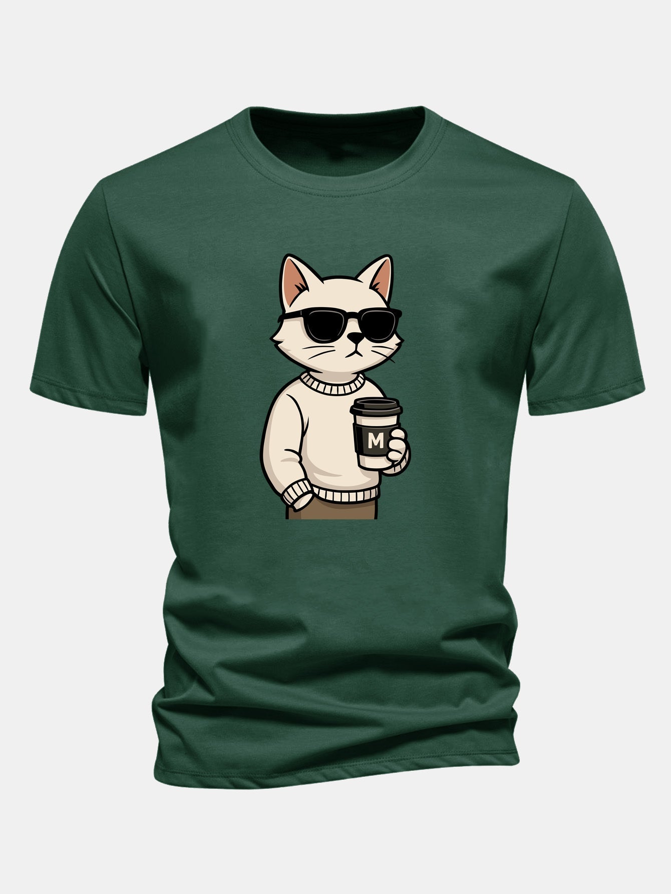 Regular Fit Cat Drinking Coffee Print Cotton T-Shirt