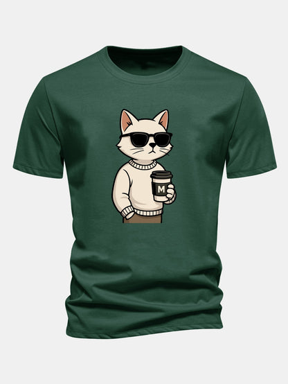 Regular Fit Cat Drinking Coffee Print Cotton T-Shirt