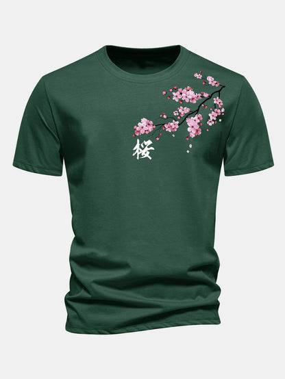 Regular Fit Cherry Blossoms Print Cotton T-Shirt