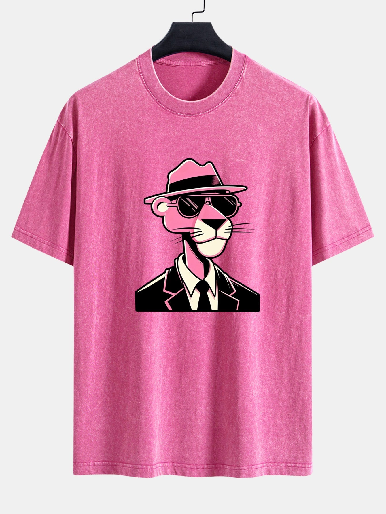 Pink Gentleman Panther Print Washed Distressed Drop Shoulder T-Shirt
