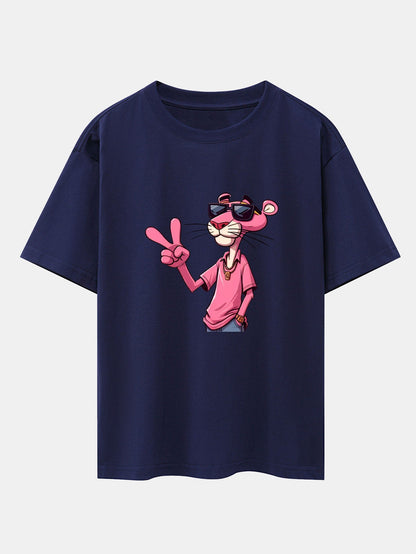 Pink Panther With V Sign Print Drop Shoulder Oversize T-Shirt
