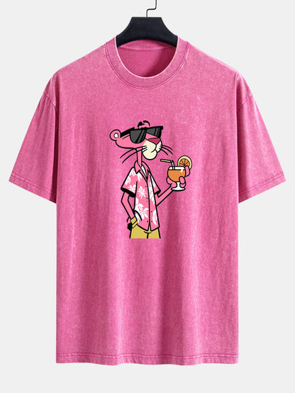 Vacation Pink Panther Print Washed Distressed Drop Shoulder T-Shirt