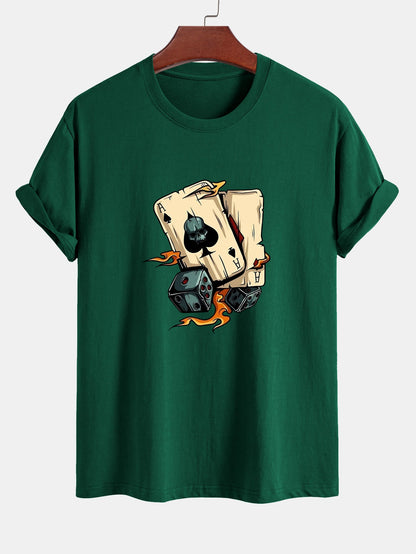 Regular Fit Dice Playing Cards Print Cotton T-Shirt