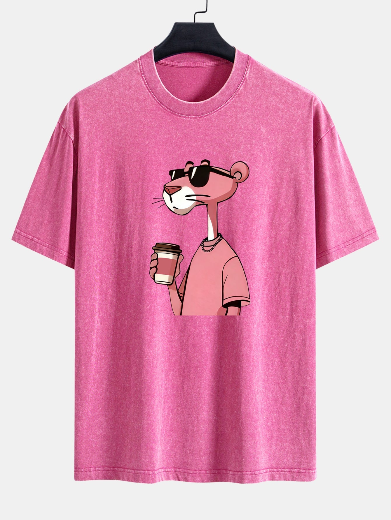 Pink Panther Drinking Coffee Print Washed Distressed Drop Shoulder T-Shirt