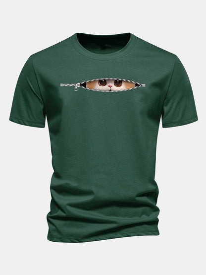 Regular Fit Zipper Cat Print Cotton T-Shirt