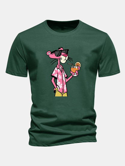 Regular Fit Vacation Pink Panther Print Cotton T-Shirt