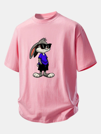 تي شيرت قطن مزين برسمة أرنب يرتدي نظارات شمسية