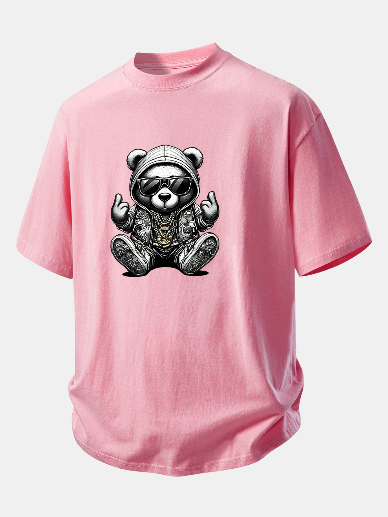 Relax Fit Hip Hop Bear Print Cotton T-Shirt