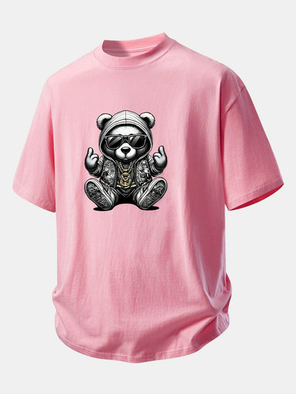 Relax Fit Hip Hop Bear Print Cotton T-Shirt