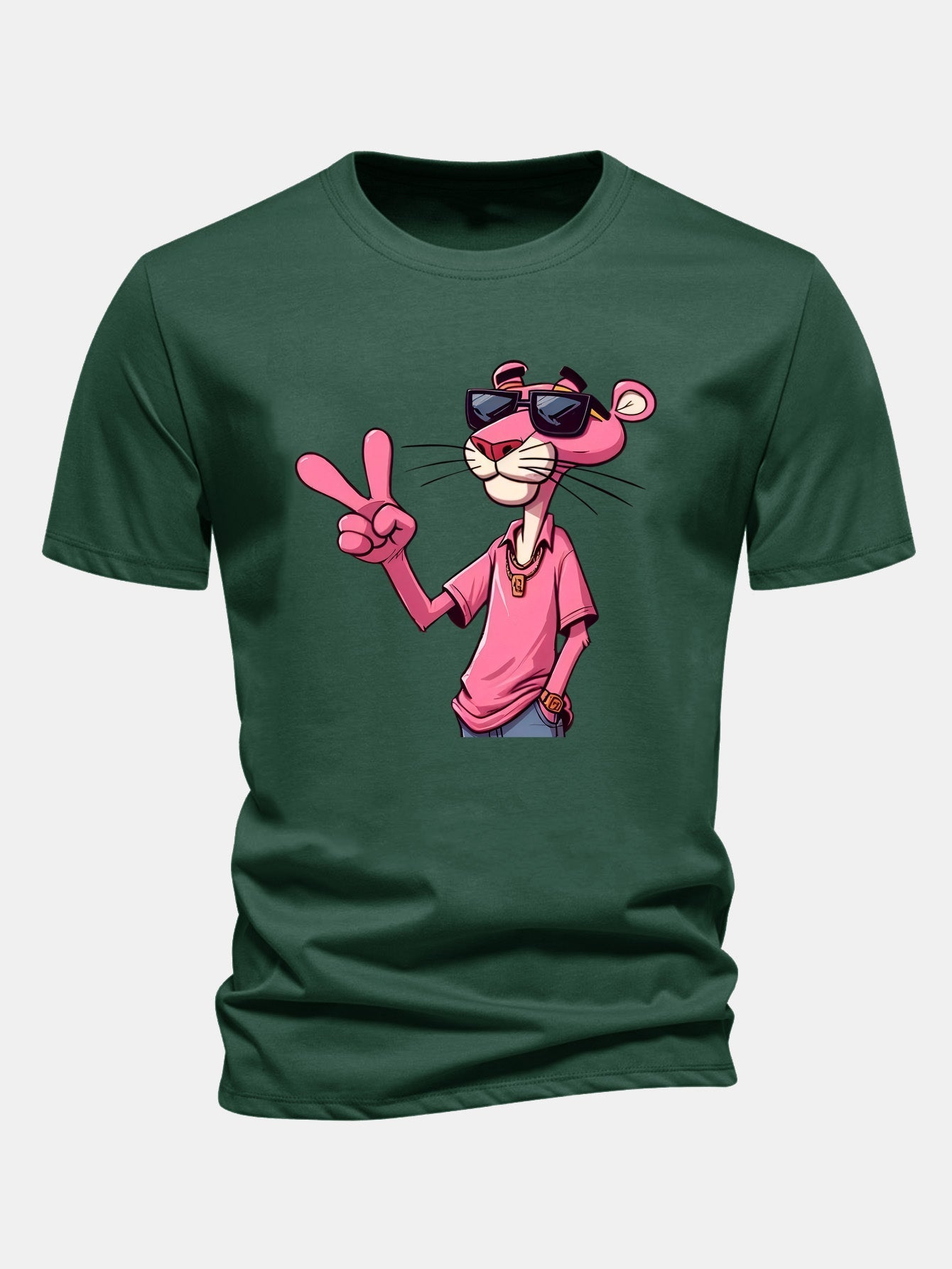 Regular Fit Pink Panther With V Sign Print Cotton T-Shirt