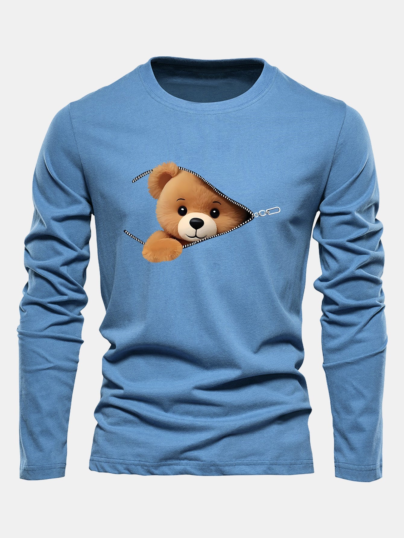 Long Sleeve Zipper Bear Print Cotton T-Shirt