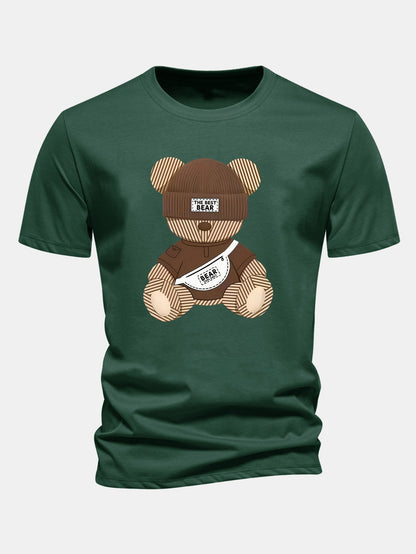 Regular Fit Stripe Bear Print Cotton T-Shirt