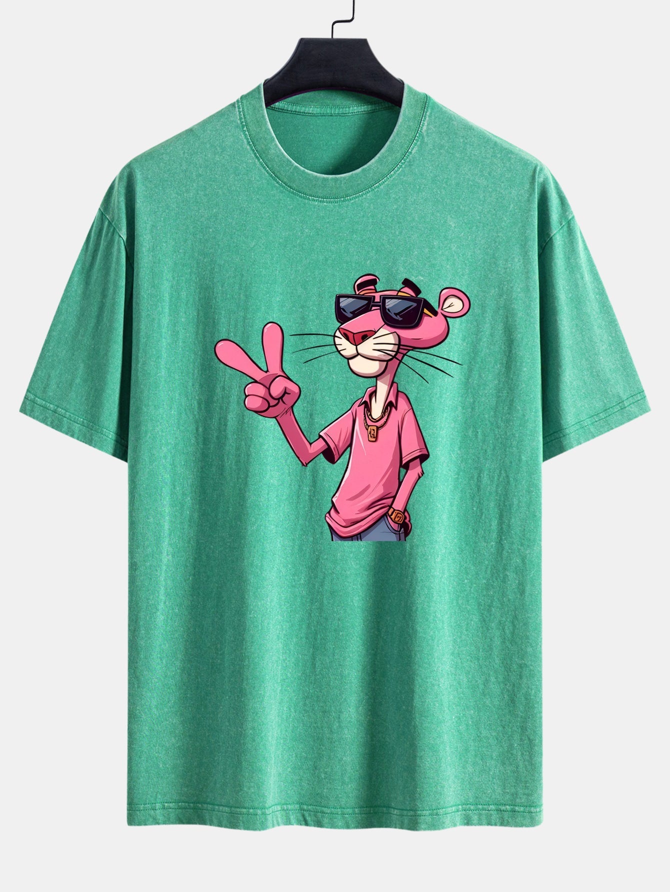 Pink Panther With V Sign Print Washed Distressed Drop Shoulder T-Shirt