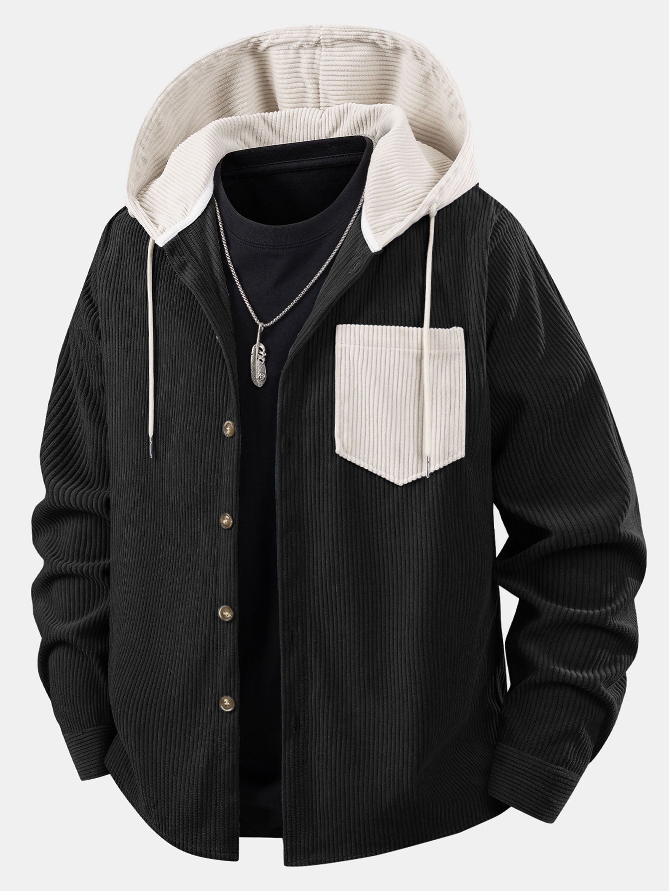 Long Sleeved Contrast Corduroy Hooded Shirt
