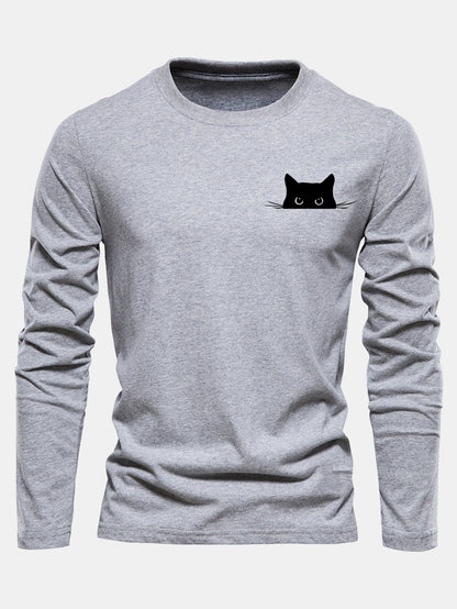Long Sleeve Black Cat Print Cotton T-Shirt