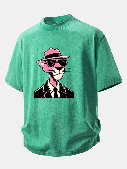 Pink Gentleman Panther Print Washed Distressed Drop Shoulder T-Shirt