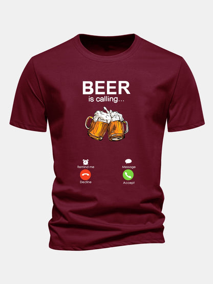 Regular Fit Beer Is Calling Print Cotton T-Shirt