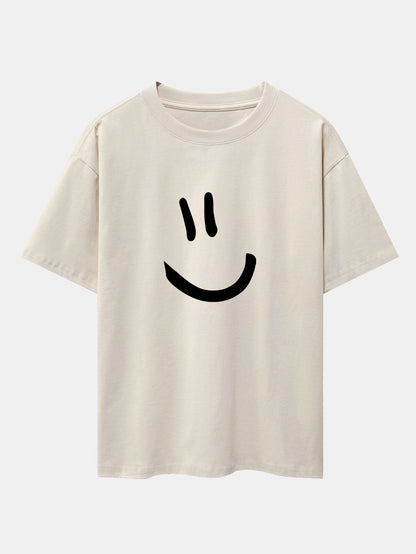 Smiley Face Print Drop Shoulder Oversize T-Shirt