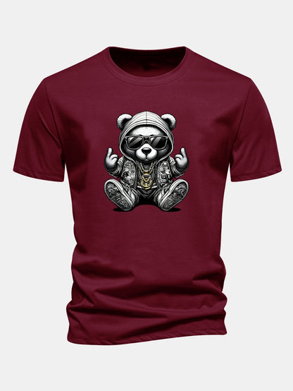Regular Fit Hip Hop Bear Print Cotton T-Shirt
