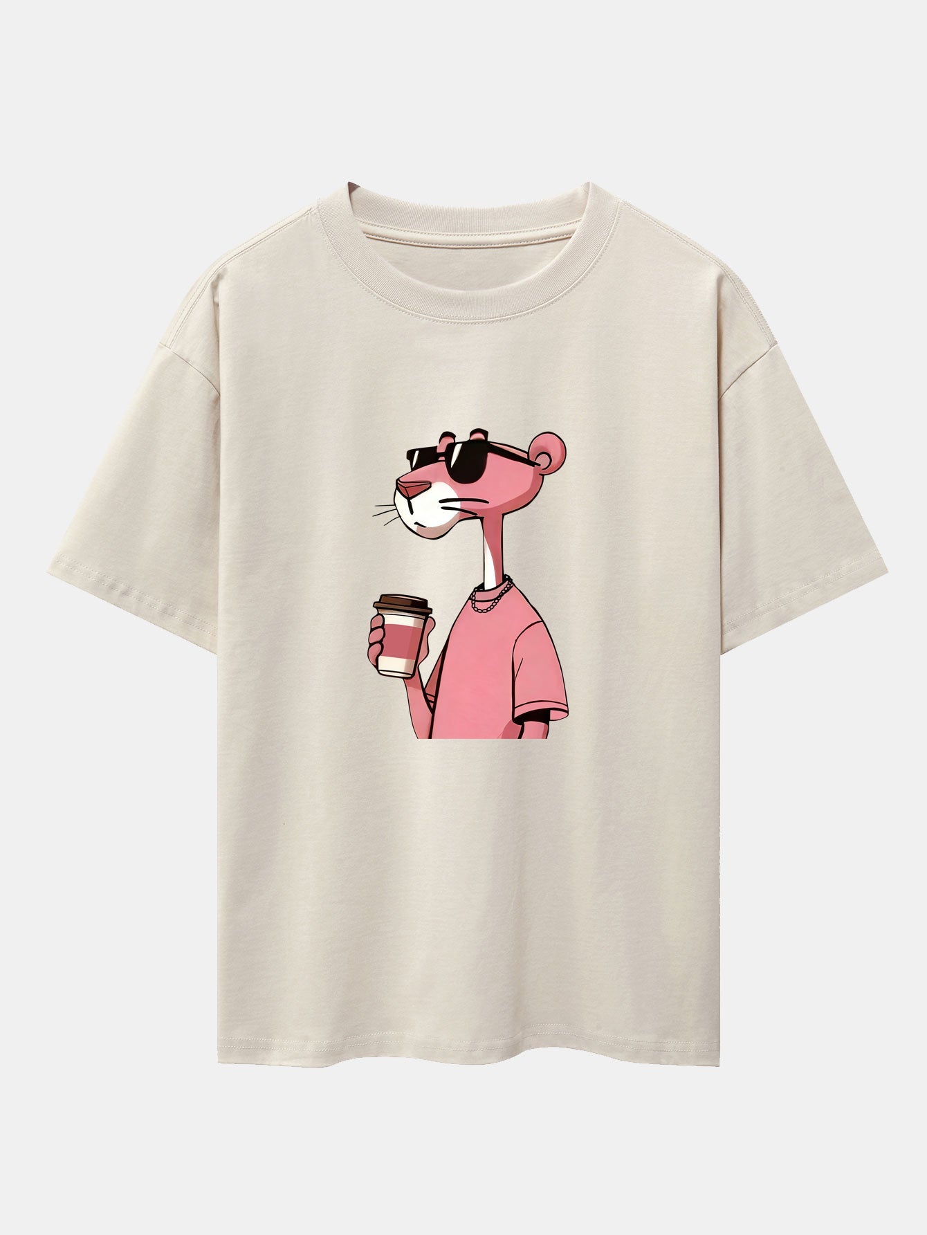 Pink Panther Drinking Coffee Print Drop Shoulder Oversize T-Shirt