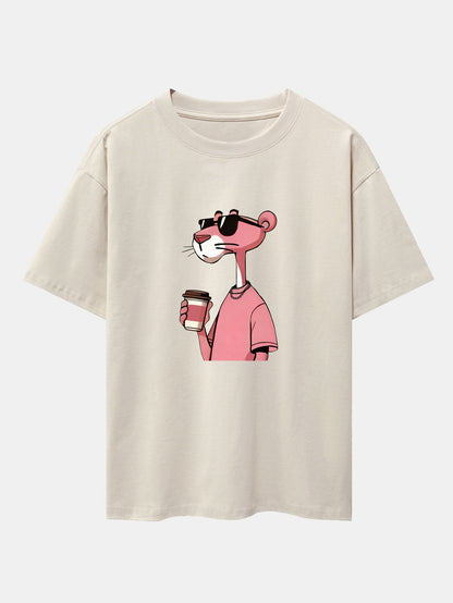 Pink Panther Drinking Coffee Print Drop Shoulder Oversize T-Shirt