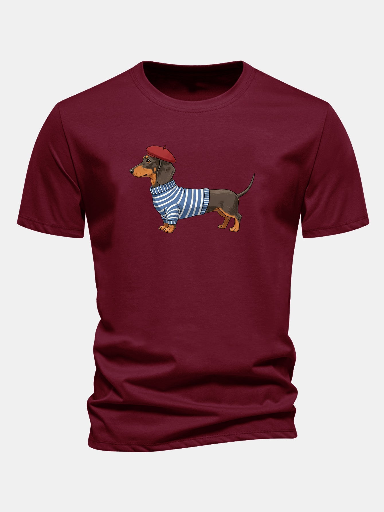 Regular Fit Dachshund Wearing Striped Sweater Print Cotton T-Shirt